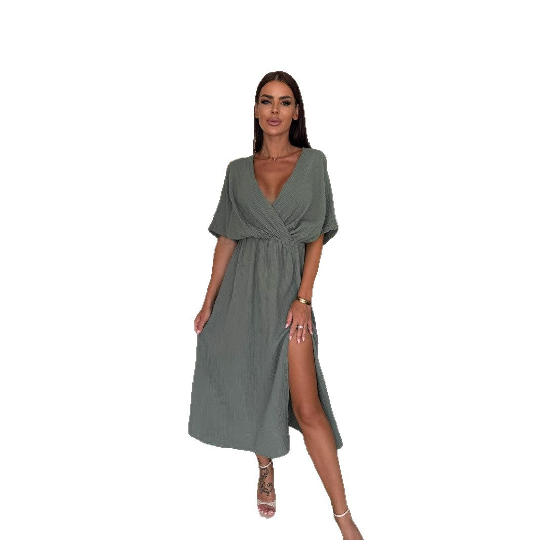 Midi Dress with V-Neck, Elastic Waist, and Side Slit