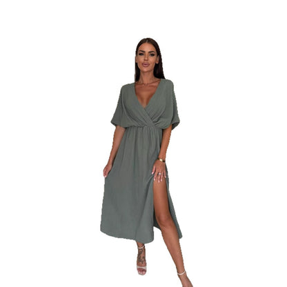 Midi Dress with V-Neck, Elastic Waist, and Side Slit