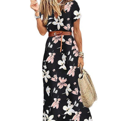 Floral Print Maxi Dress with V-Neck and Belt