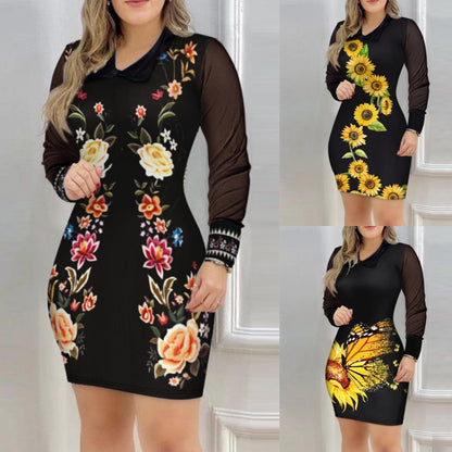 Floral Print Bodycon Mini Dress with Mesh Long Sleeves