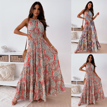 Bohemian Paisley Print Maxi Dress with Halter Neck