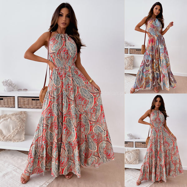 Bohemian Paisley Print Maxi Dress with Halter Neck