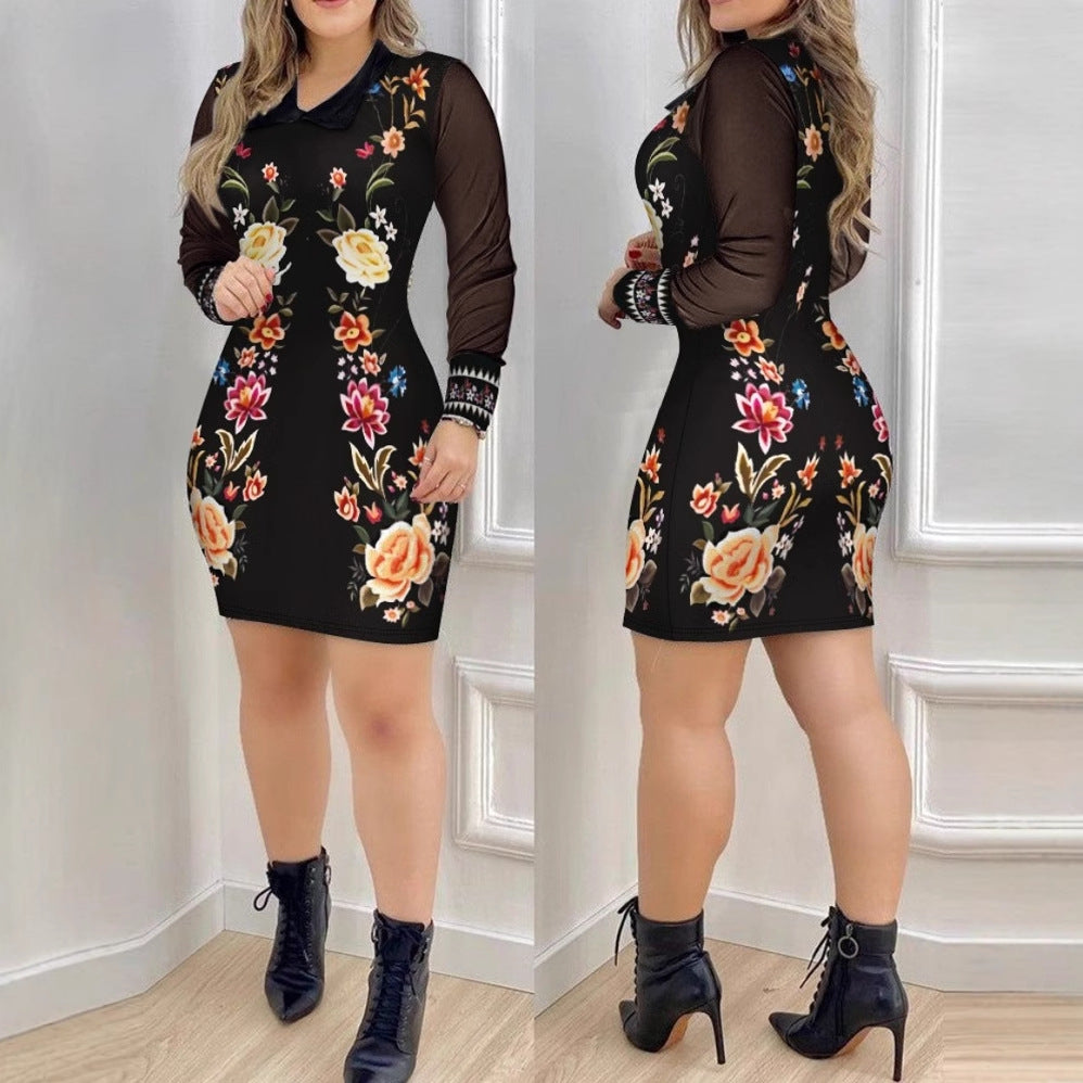 Floral Print Bodycon Mini Dress with Mesh Long Sleeves