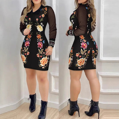 Floral Print Bodycon Mini Dress with Mesh Long Sleeves