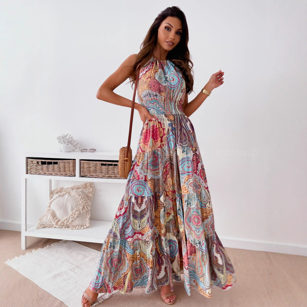 Bohemian Paisley Print Maxi Dress with Halter Neck