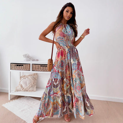 Bohemian Paisley Print Maxi Dress with Halter Neck