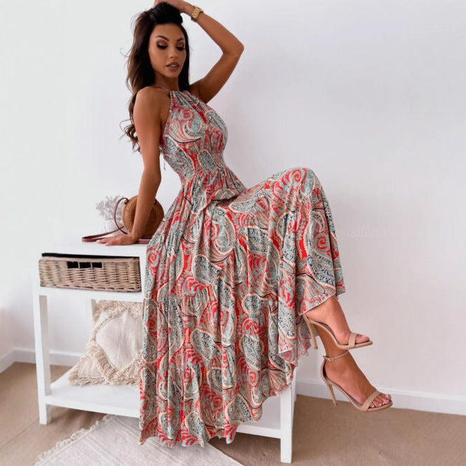 Bohemian Paisley Print Maxi Dress with Halter Neck