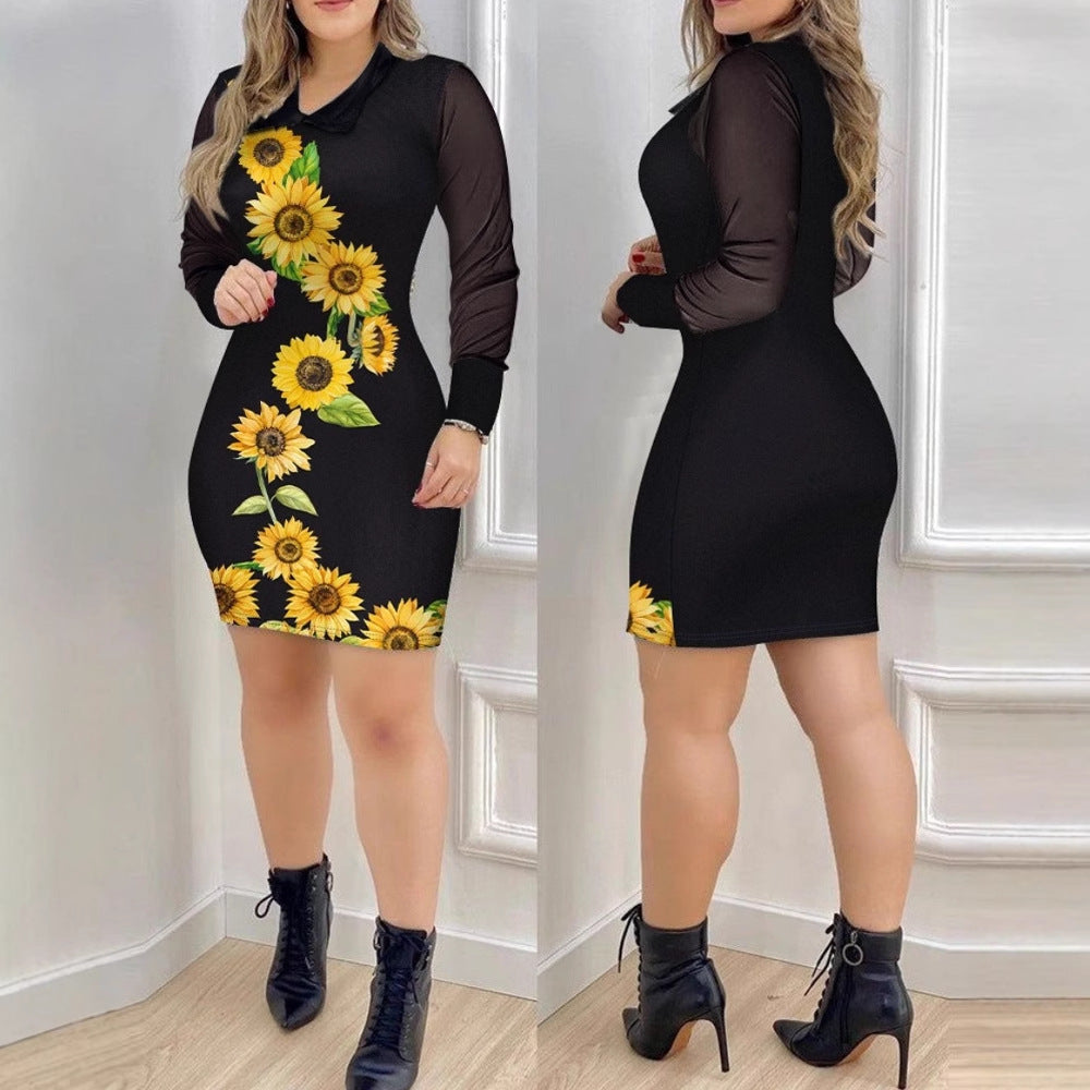 Floral Print Bodycon Mini Dress with Mesh Long Sleeves