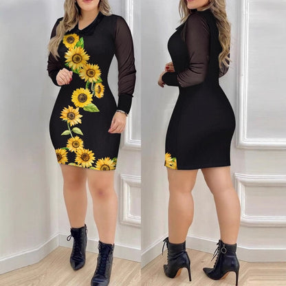 Floral Print Bodycon Mini Dress with Mesh Long Sleeves