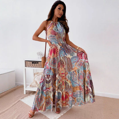 Bohemian Paisley Print Maxi Dress with Halter Neck