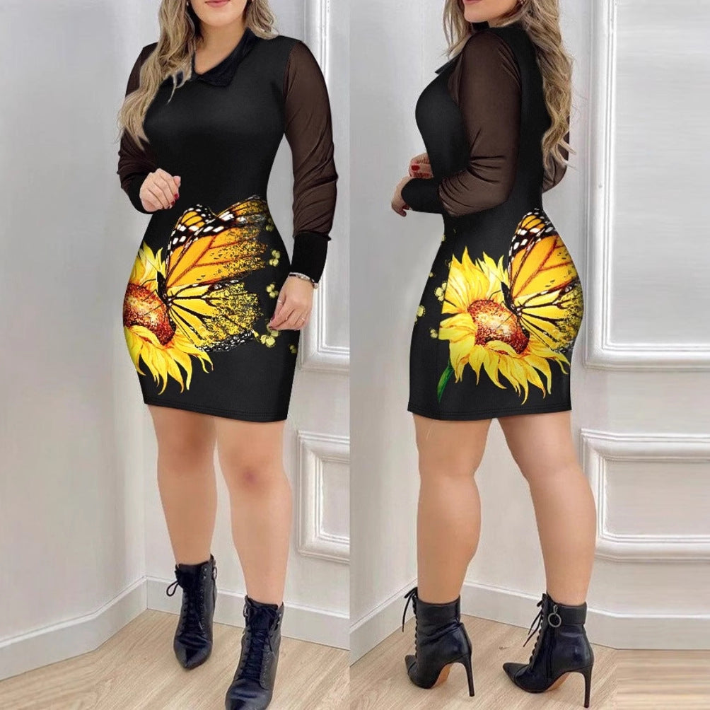Floral Print Bodycon Mini Dress with Mesh Long Sleeves