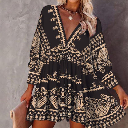 A-Line Mini Dress with Vintage Print and V-Neck