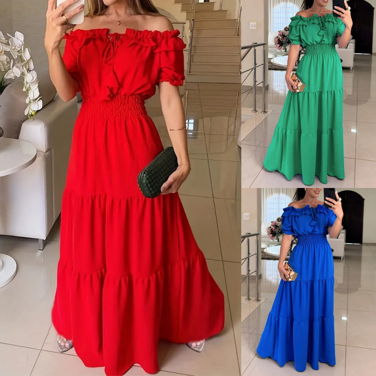 Tiered Maxi Dress with Off-Shoulder Ruffle Neck and Shirred Waist