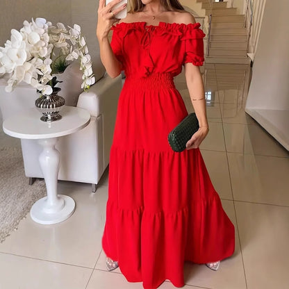 Tiered Maxi Dress with Off-Shoulder Ruffle Neck and Shirred Waist