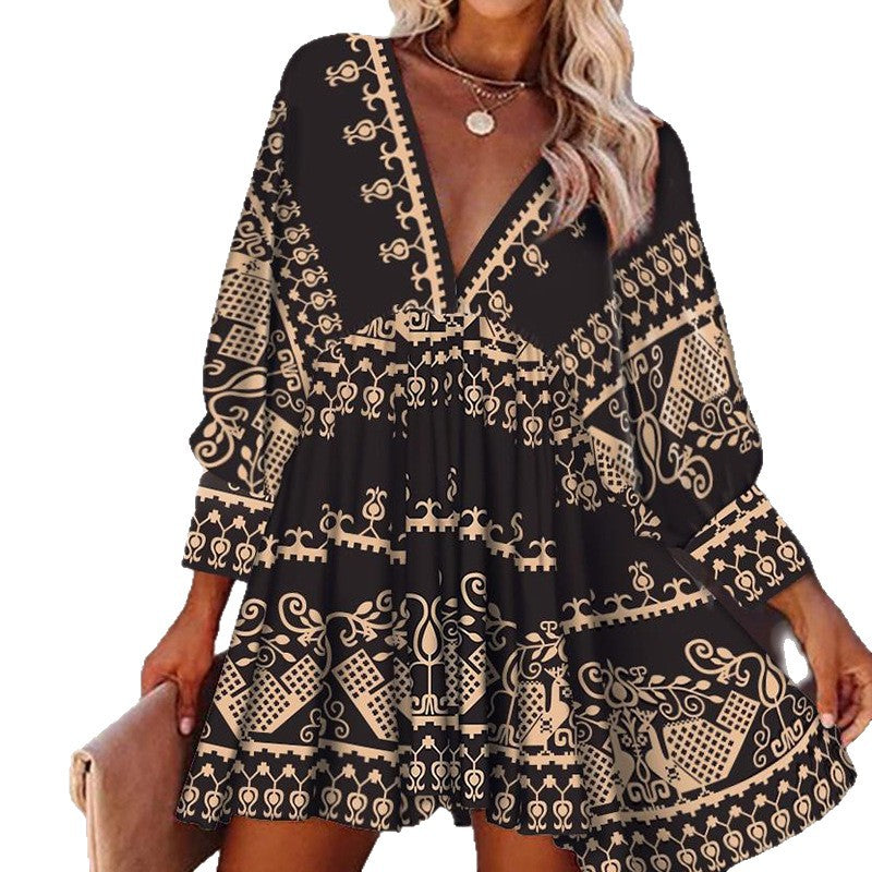 A-Line Mini Dress with Vintage Print and V-Neck