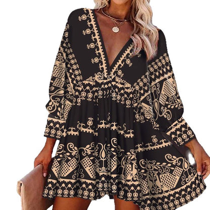 A-Line Mini Dress with Vintage Print and V-Neck