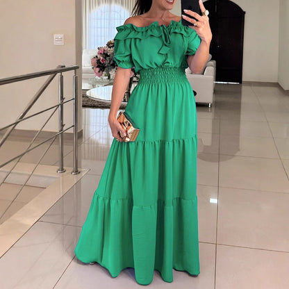 Tiered Maxi Dress with Off-Shoulder Ruffle Neck and Shirred Waist