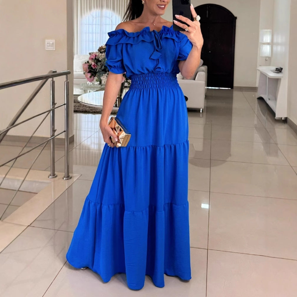 Tiered Maxi Dress with Off-Shoulder Ruffle Neck and Shirred Waist