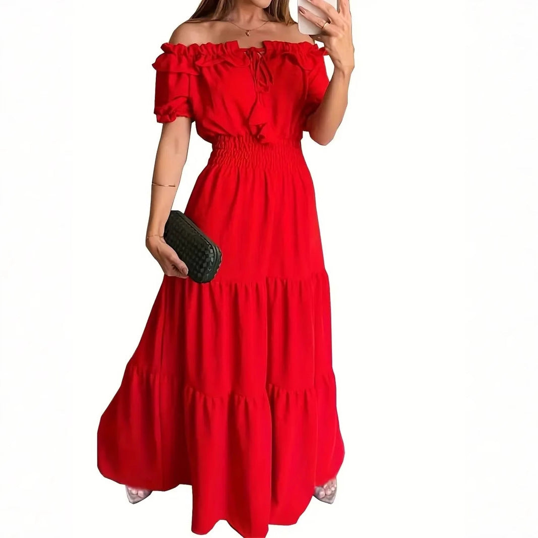Tiered Maxi Dress with Off-Shoulder Ruffle Neck and Shirred Waist