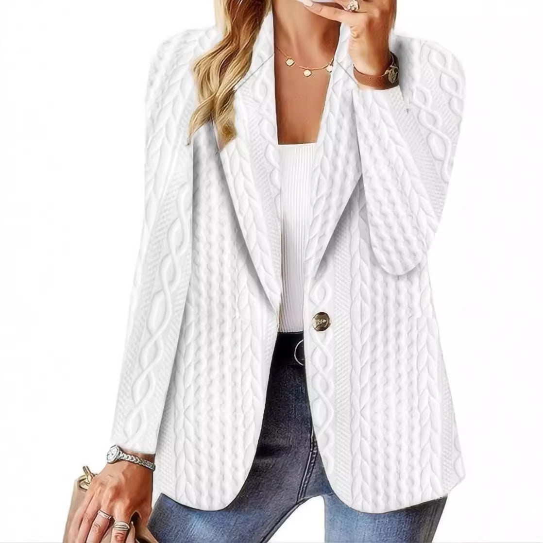 Textured Blazer with Suit Collar and Single Button