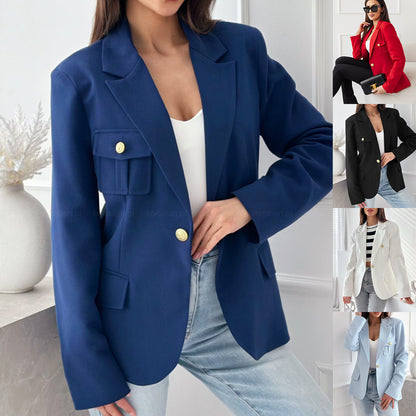 Solid Single-Breasted Blazer with Gold Buttons and Flap Pockets