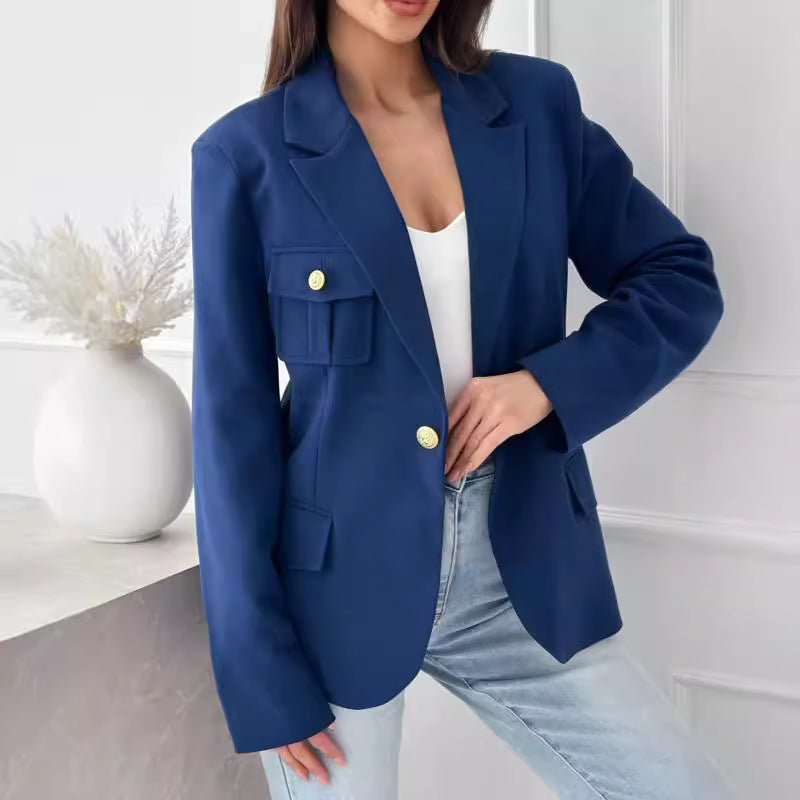 Solid Single-Breasted Blazer with Gold Buttons and Flap Pockets