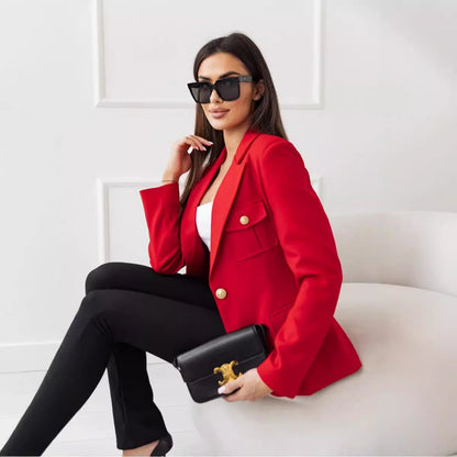 Solid Single-Breasted Blazer with Gold Buttons and Flap Pockets