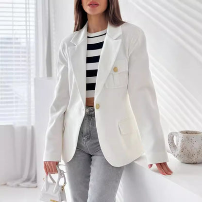 Solid Single-Breasted Blazer with Gold Buttons and Flap Pockets