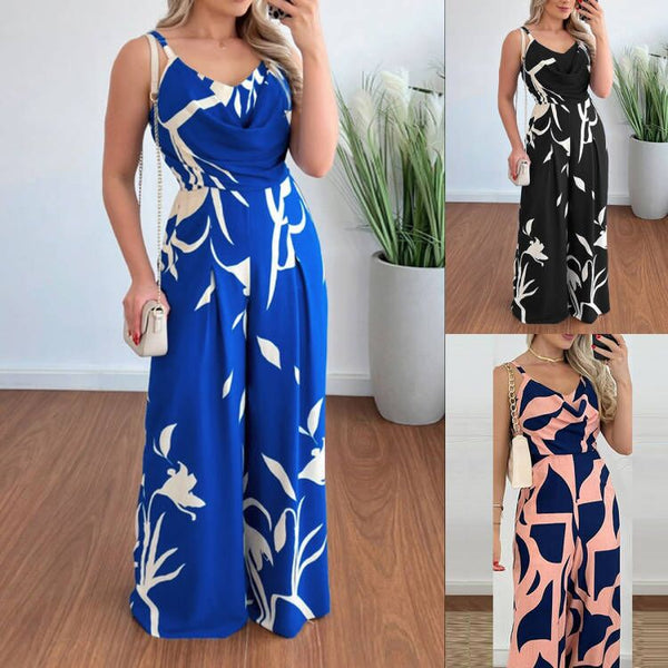 Floral Print Wide-Leg Jumpsuit with Cowl Neck