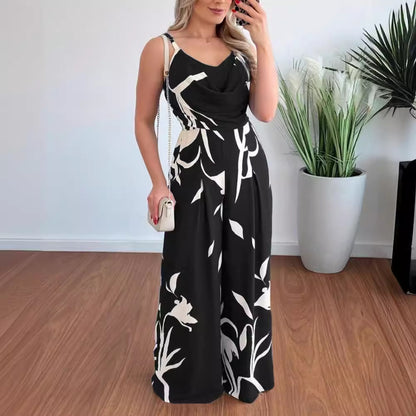 Floral Print Wide-Leg Jumpsuit with Cowl Neck