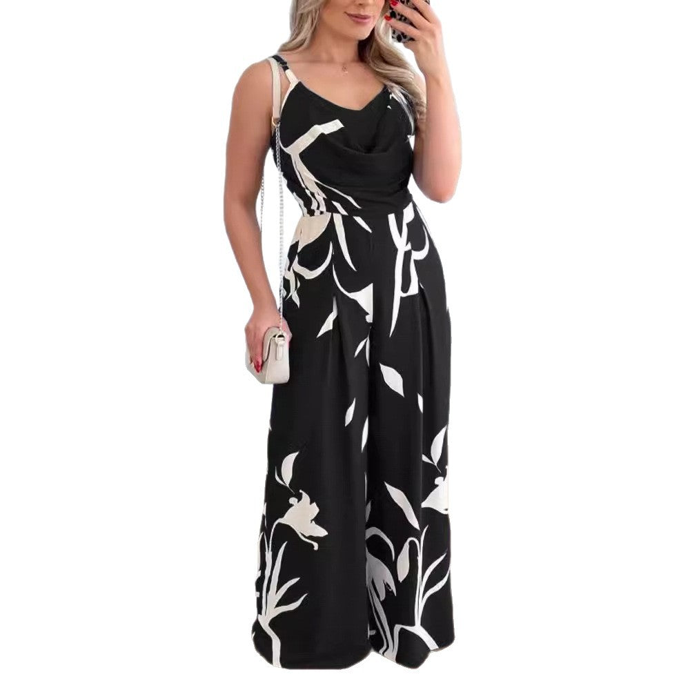 Floral Print Wide-Leg Jumpsuit with Cowl Neck