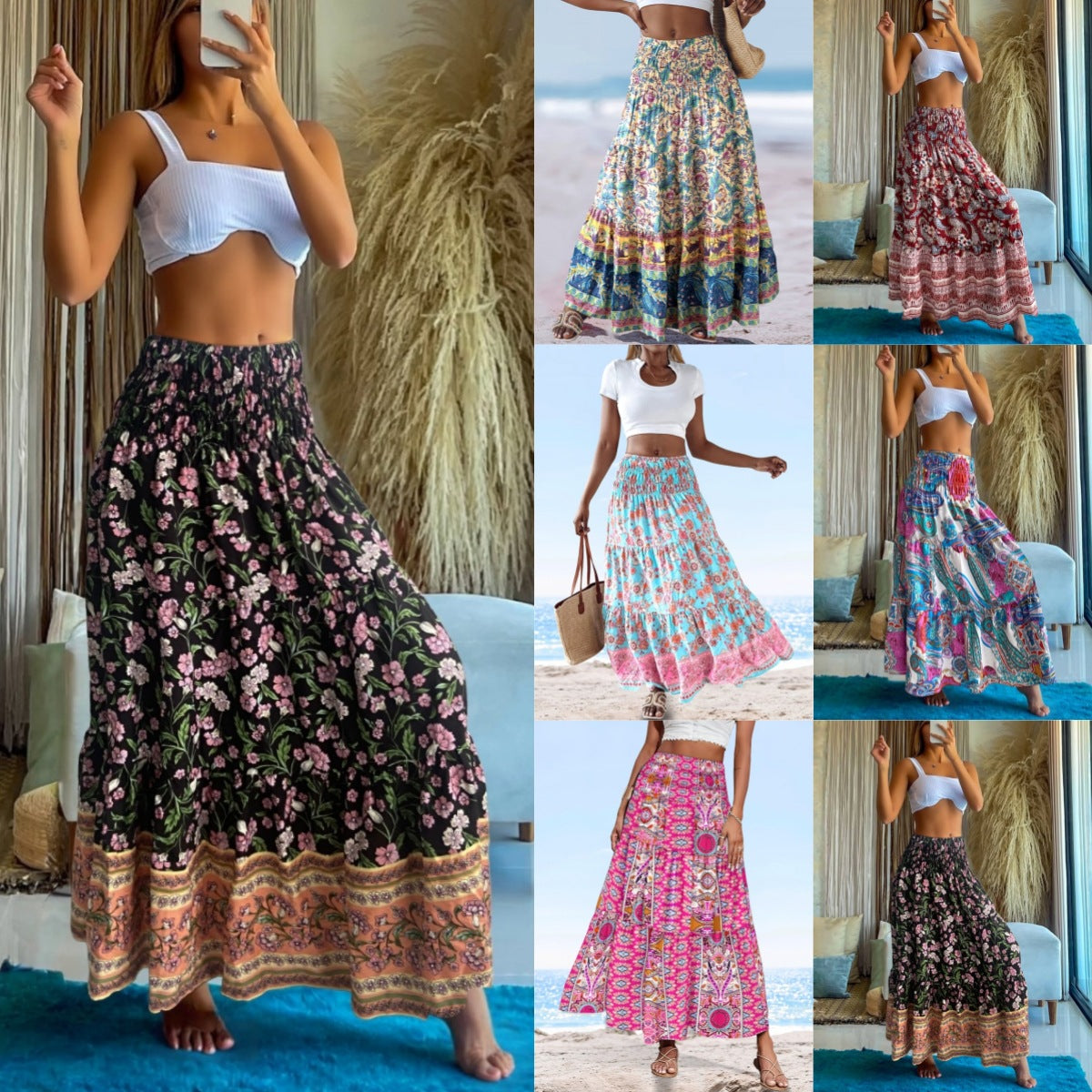 Floral Print Maxi Skirt with High Waist and Tiered Hem