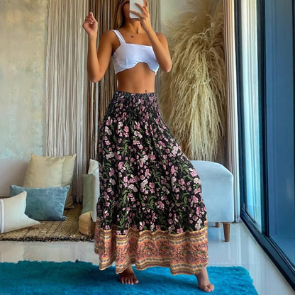 Floral Print Maxi Skirt with High Waist and Tiered Hem