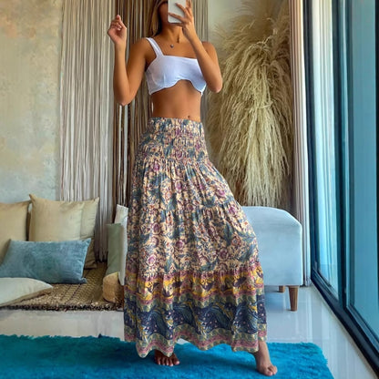 Floral Print Maxi Skirt with High Waist and Tiered Hem