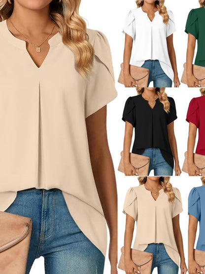 Solid V-Neck Blouse with Petal Sleeves and Pleated Front
