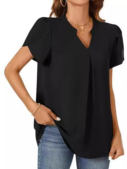 Solid V-Neck Blouse with Petal Sleeves and Pleated Front