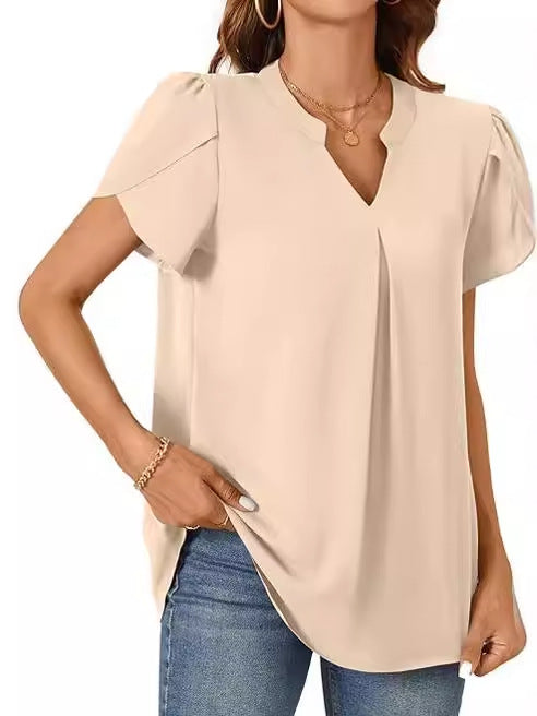 Solid V-Neck Blouse with Petal Sleeves and Pleated Front