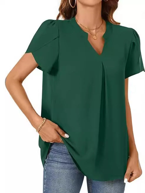 Solid V-Neck Blouse with Petal Sleeves and Pleated Front