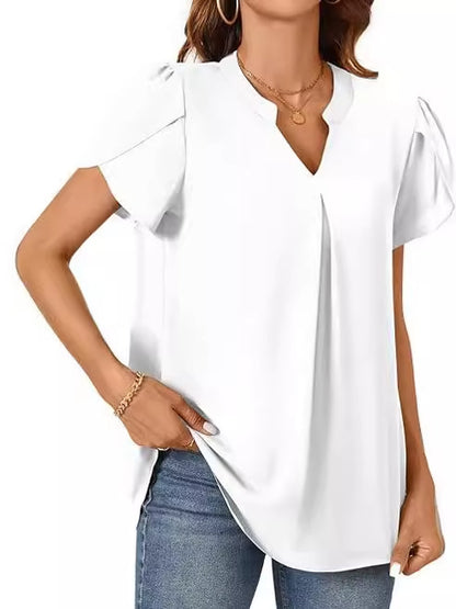 Solid V-Neck Blouse with Petal Sleeves and Pleated Front