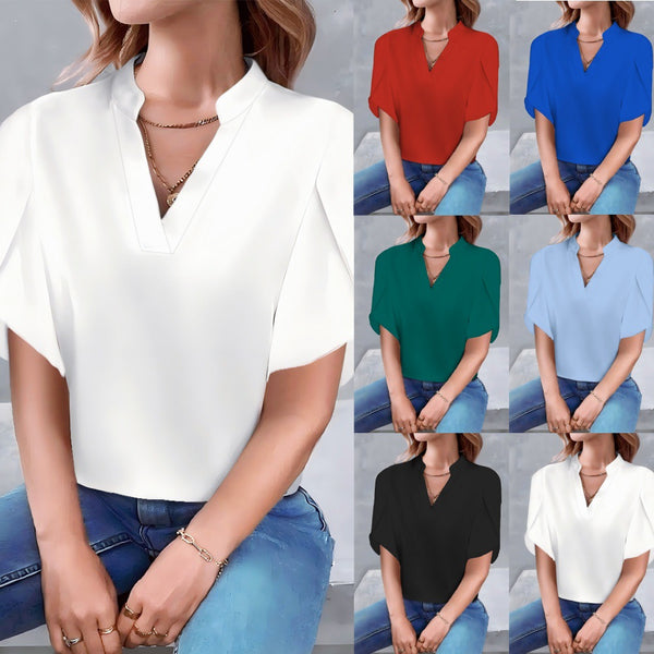 Solid Color V-Neck Blouse with Petal Sleeves