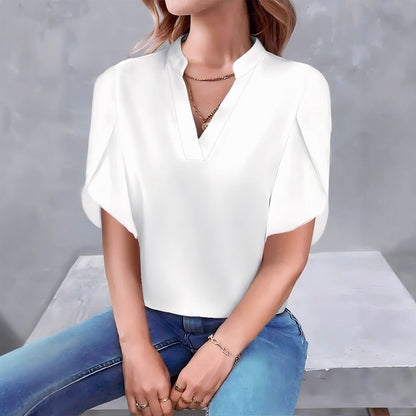 Solid Color V-Neck Blouse with Petal Sleeves