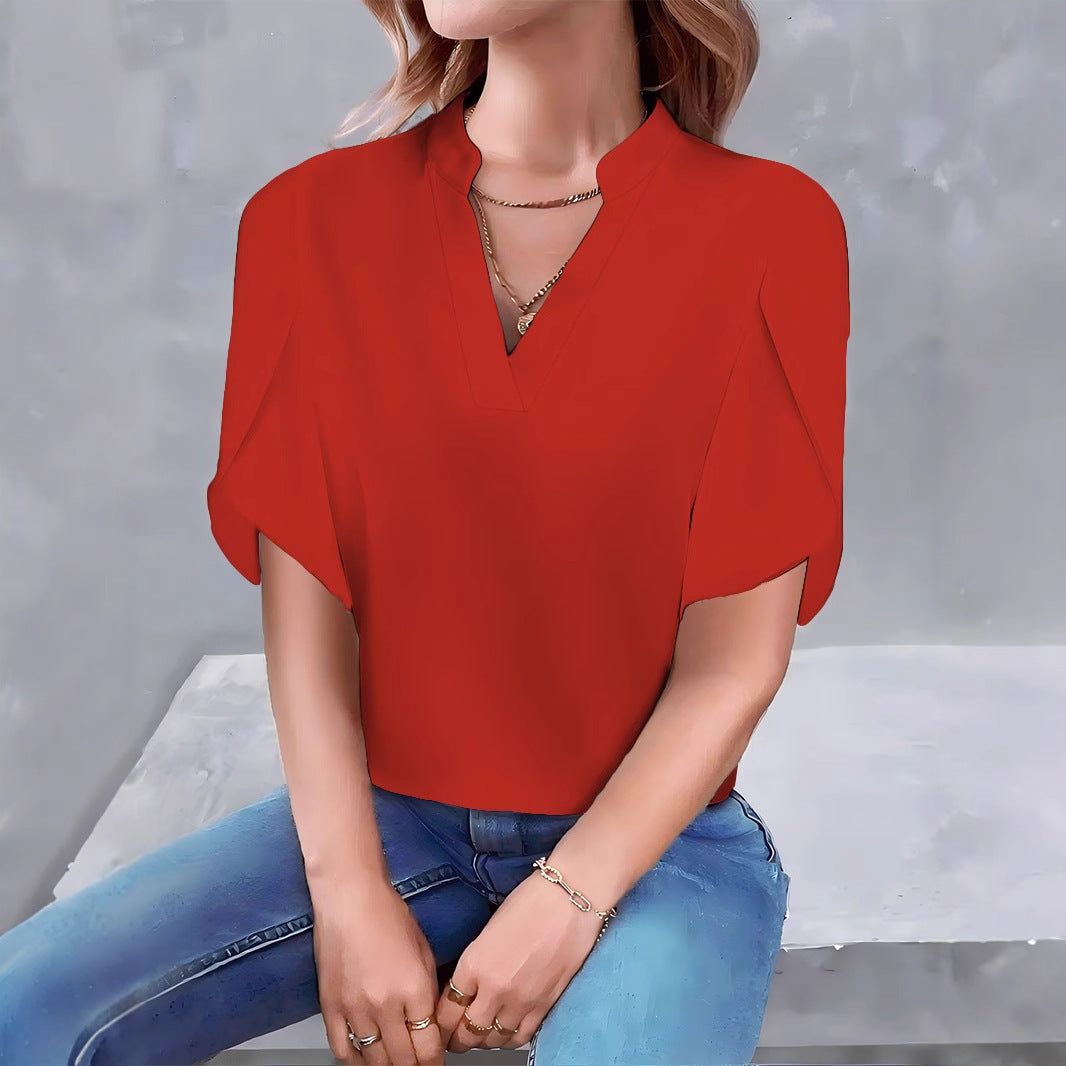 Solid Color V-Neck Blouse with Petal Sleeves