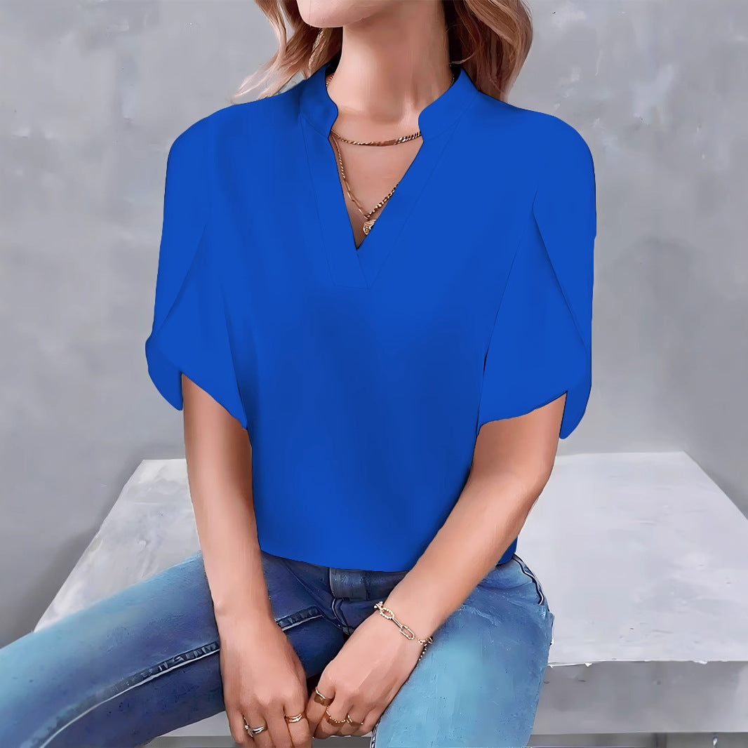 Solid Color V-Neck Blouse with Petal Sleeves