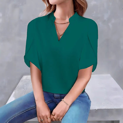 Solid Color V-Neck Blouse with Petal Sleeves