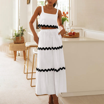 Sleeveless Crop Top & Tiered Maxi Skirt Set with Scalloped Trim