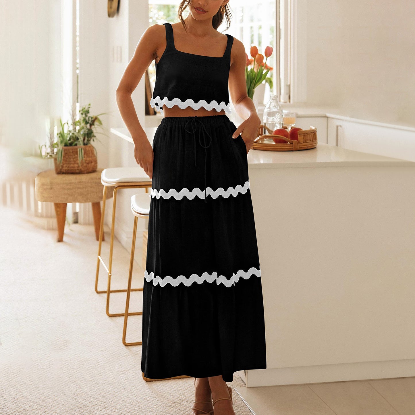 Sleeveless Crop Top & Tiered Maxi Skirt Set with Scalloped Trim