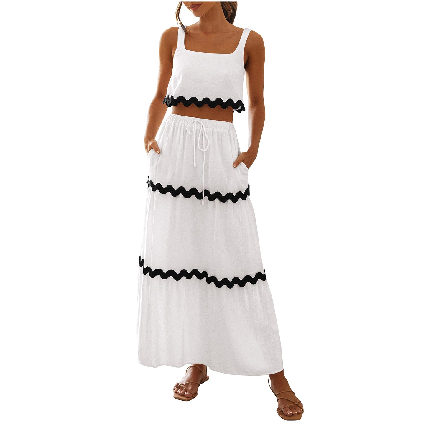 Sleeveless Crop Top & Tiered Maxi Skirt Set with Scalloped Trim