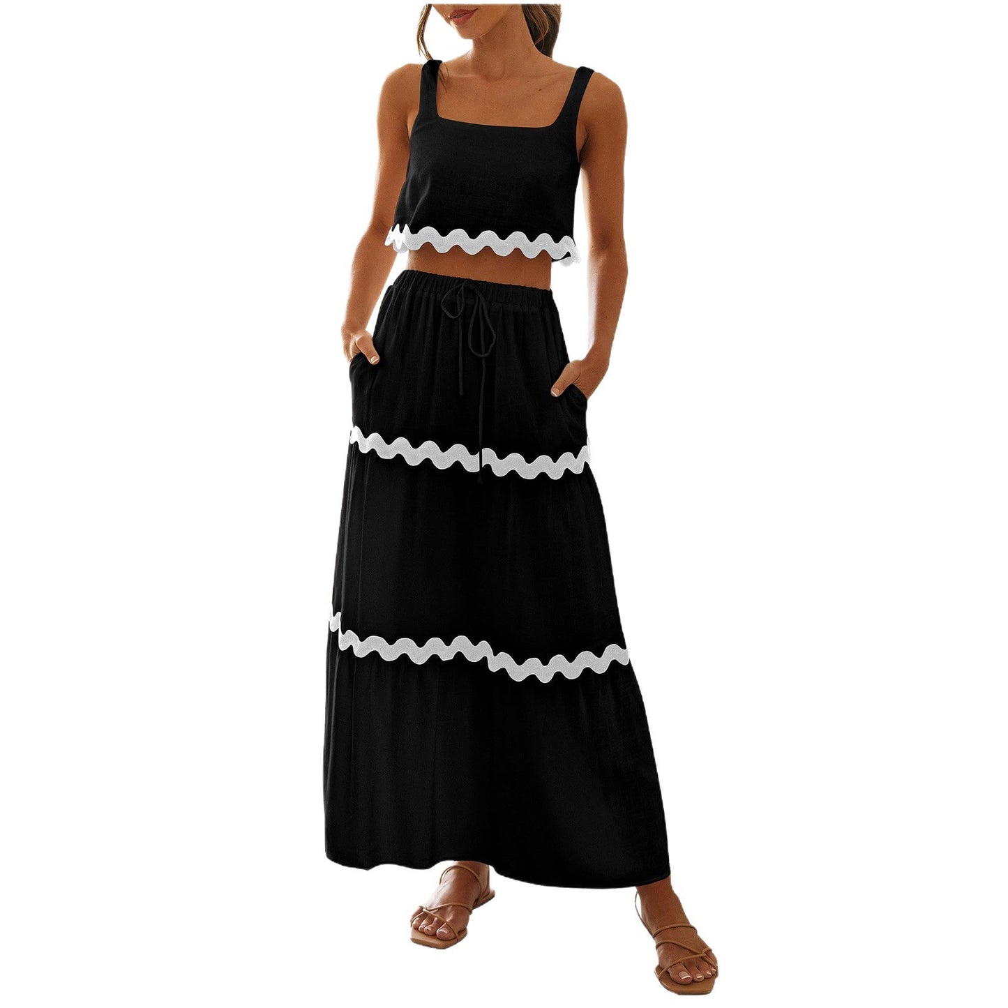 Sleeveless Crop Top & Tiered Maxi Skirt Set with Scalloped Trim