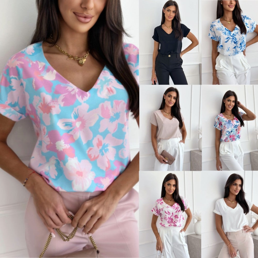 Loose Floral Print Blouse with V-Neck and Short Sleeves