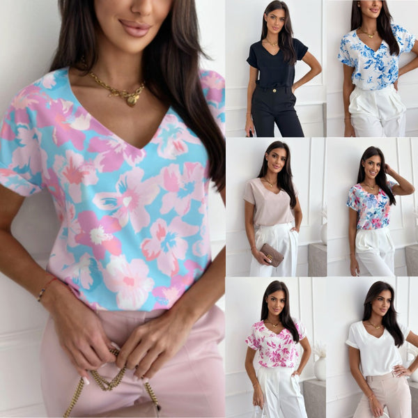 Loose Floral Print Blouse with V-Neck and Short Sleeves